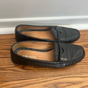 Prada Crocodile-Embossed Black Loafers
